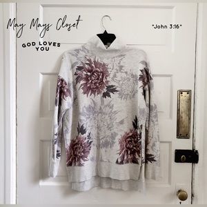 Free People Floral Mock Neck Split Vent Sweater Pullover Flowers Spring XS